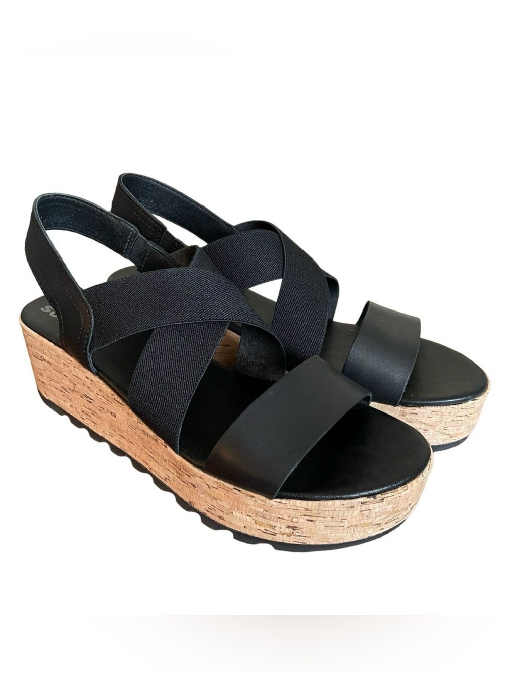 Sorel Cameron Flatform Cork Wedge Sandals Womens Sz 9.5 Black Straps Slingback